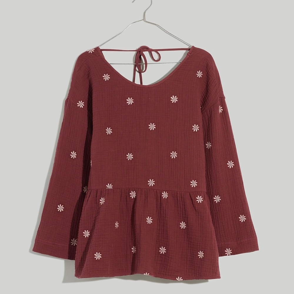 Madewell Embroidered Lightspun Peplum Open-Back Top Sz M